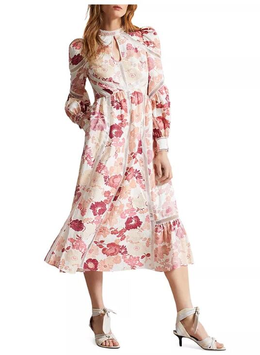 Ted Baker Dresses & Skirts - Ted Baker Denissa Linen Floral Midi Dress Pink Lace Cut Out Bishop Sleeve US 6